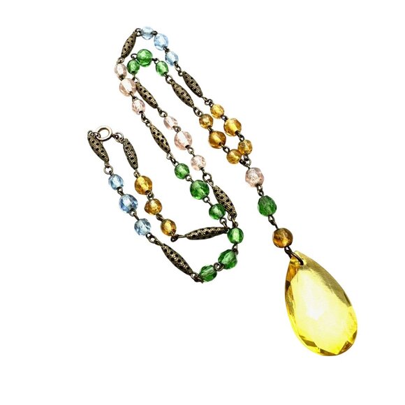 Antique Czech Art Deco Pastel Glass Pendant Necklace Antiqued Gold 22" - Picture 2 of 4